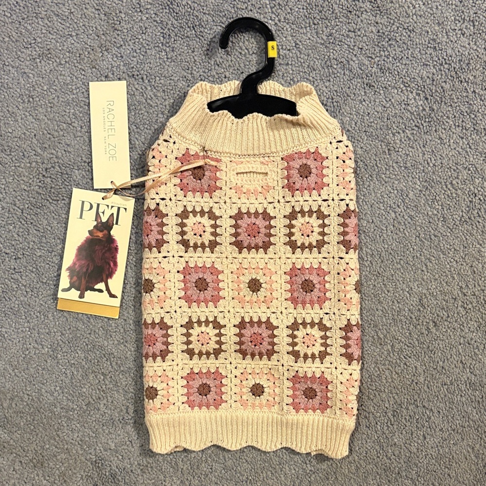 Rachel Zoe Small Dog Crochet Sweater - Cream and Pink French Bulldog
